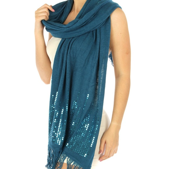 Sequin Sweater Knit Evening Wrap Shawl Scarf Teal - Picture 4 of 4